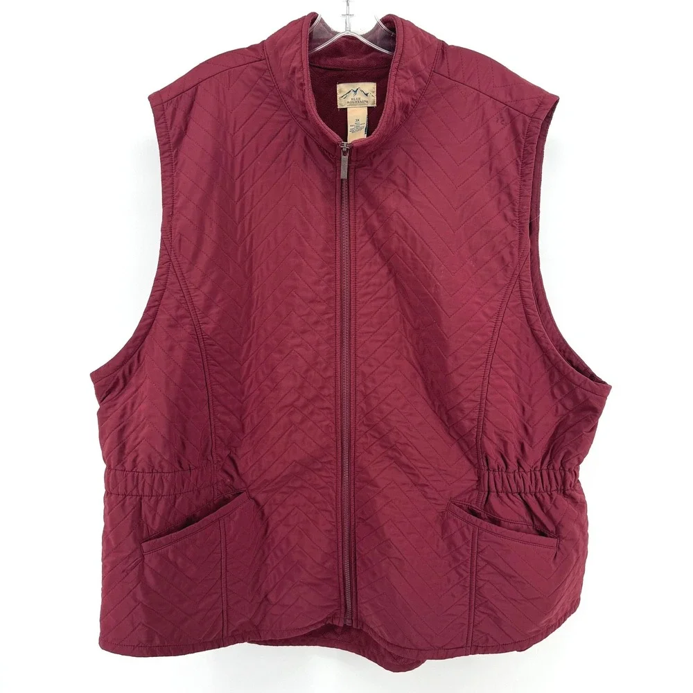 Blue Mountain Quilted Vest Women 3X Burgundy Fleece Lined Zip Outdoor Gorpcore